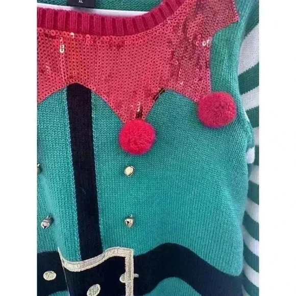 United States Women's‎ Holiday Elf Christmas Ugly Bells PomPoms Sweater Size XL - Picture 12 of 12
